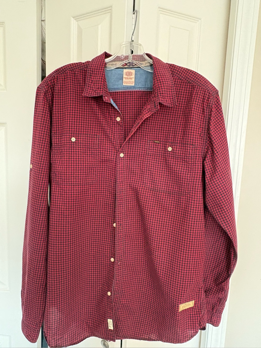 Scotch & Soda Men's Red Black Gingham Check Button Down Long Sleeve Shirt Size L